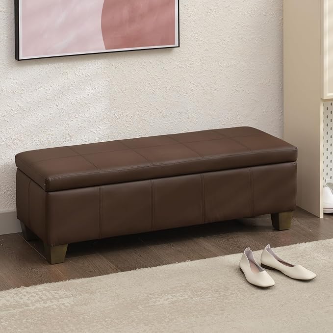 51 Inch Storage Ottoman, Storage Bench with Safety Hinge, Upholstered Synthetic Leather Ottoman Bench for Bedroom, Living Room, Entryway, Hallway, Foot Rest, Support 500lbs, Brown