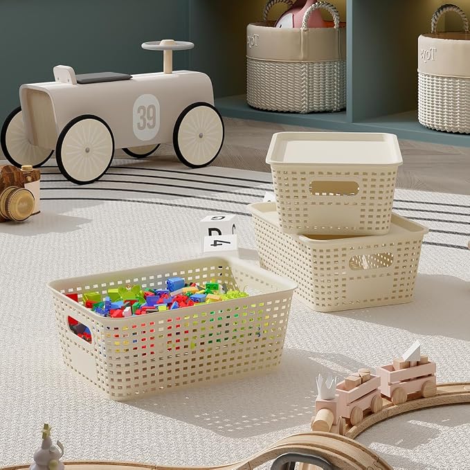Resze 6 Pack Plastic Breathable Storage Baskets with Lids, White | Organizer Bins& Containers for Pantry, Desktops, Cabinet, Closet, Offices Organization Toys, Space Saving, Easy-Carry Handles
