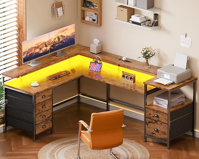 Furologee 66'' L Shaped Computer Desk with 6 Drawers & LED, Rustic Brown | Reversible Large Corner Desk with Printer Storage Shelves,LED Lights,Monitor Stand for Home Office,Working Writing Study