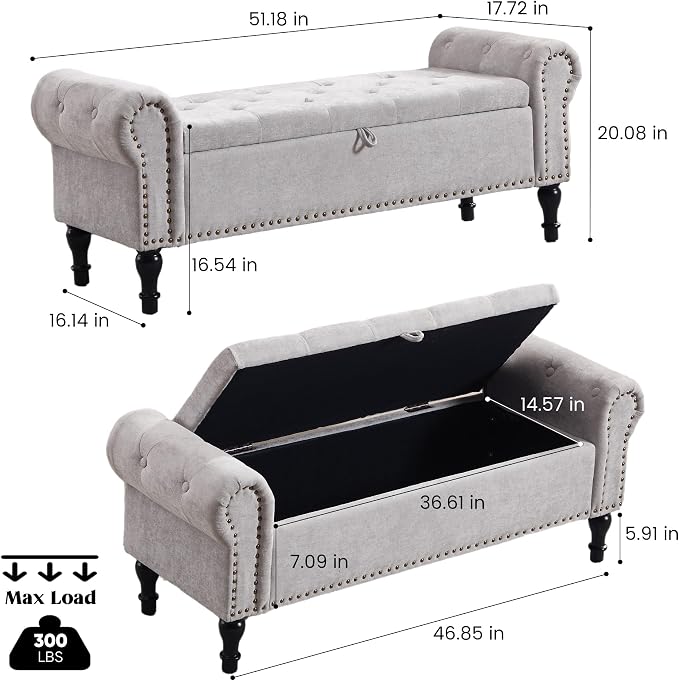 51" Storage Bench for Bedroom, Chenille End of Bed Bench, Queen Size Bench with Rolled Arms, Tufted Storage Ottoman Benches, Upholstered Bench for Bedroom, Living Room, Entryway, Light Grey