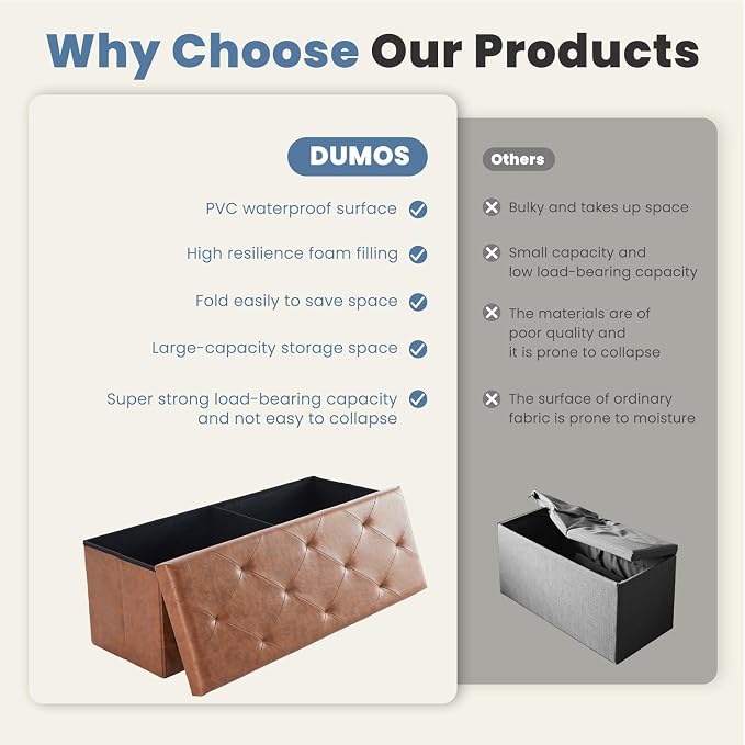 DUMOS 43 Inch Folding Ottoman with Storage Bench, Foot Rest Stool Ottoman | Upholstered End of Bed Storage Bench, Storage Ottoman Loads 660 Lbs for Bedroom, Living Room, Synthetic Leather, Brown
