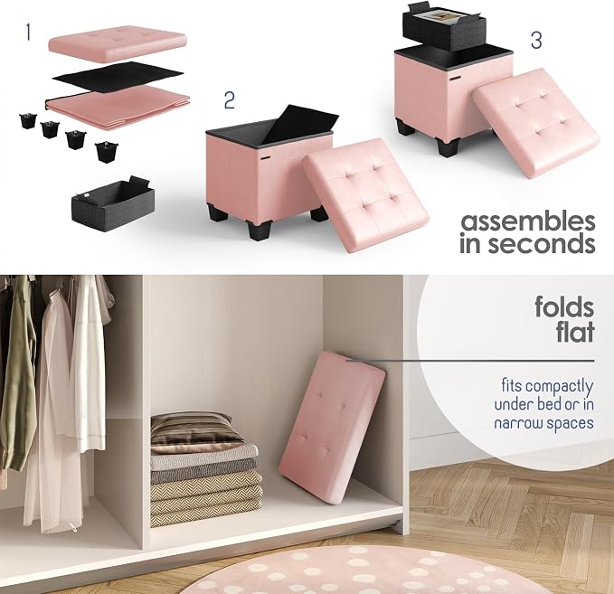 Storage Ottoman Cube with Small Bin, 15-in Square Ottoman with Storage for Living Room and Bedroom, Small Ottomans Foot Rest, Leather Foot Stools Ottomans Max 330lbs, Pink