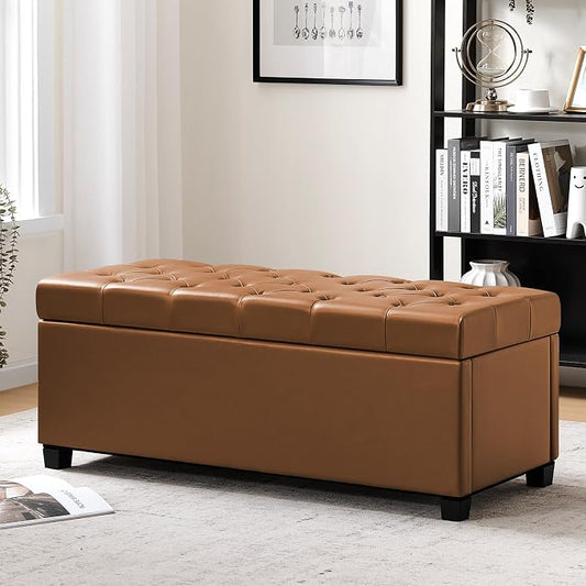Living&Giving Leather Storage Ottoman Bench for Bedroom, 47.2", Brown | 47.2-inch leather storage ottoman with safety hinge, tufted seat and spacious hidden storage for everyday organization.