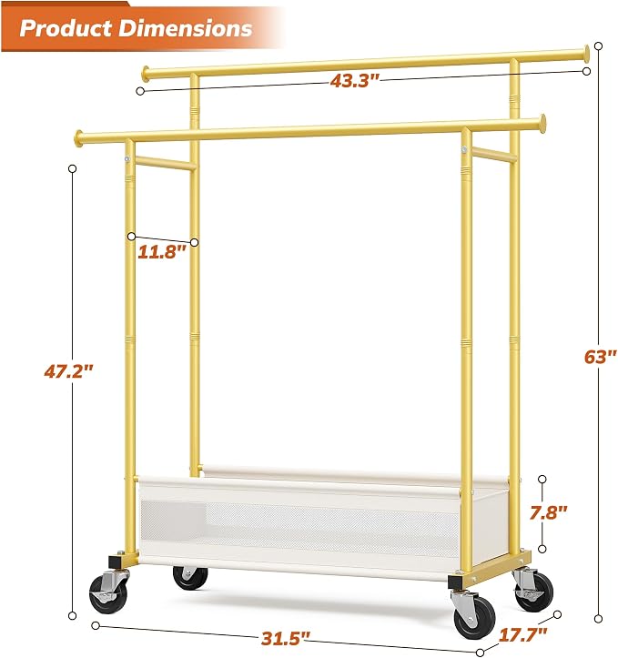 Clothes Rack 210 LBS Double Rods Extra Storage Basket | Rustproof Coated Steel, Anti-bending Design, 360° Sturdy Wheels, 10-Min Tool-Free Assembly, Metal Garment Rack for Home