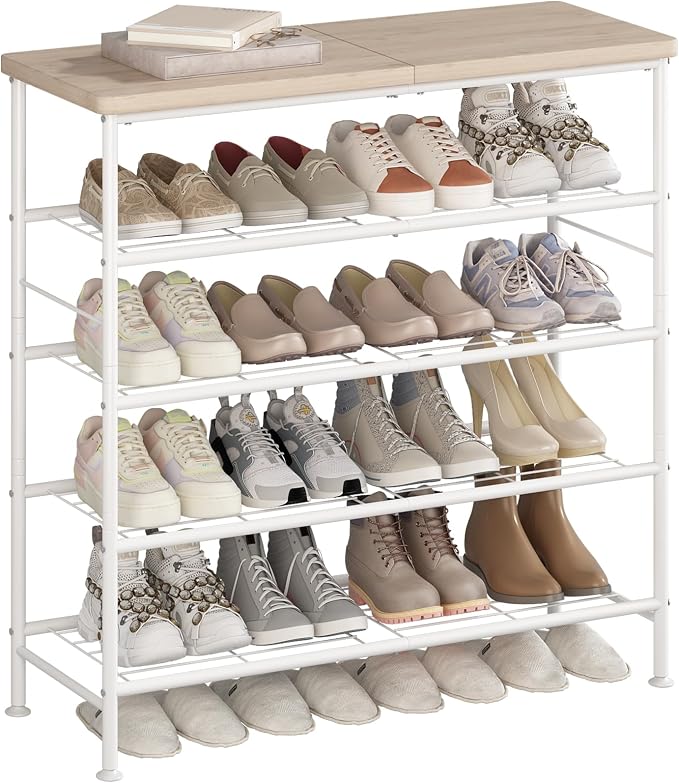 SUOERNUO 5 Tier Shoe Rack Organizer for Closet Shoe Storage for Entryway | Free Standing with MDF Top Board,Sturdy Metal Frame,Ideal for Living Room,Hallway White