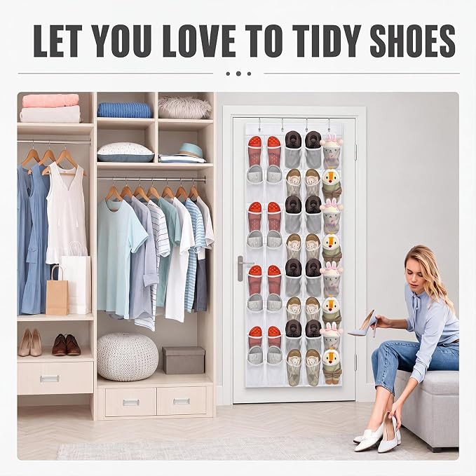 Windyun 1 Pcs 40 Pocket Over the Door Shoe Organizer Hang, Gray and White | Large Breathable Mesh Hanging Shoe Rack, Space Saving Shoe Holder for Closet Dorm Bedroom Entryway Storage, Behind Design