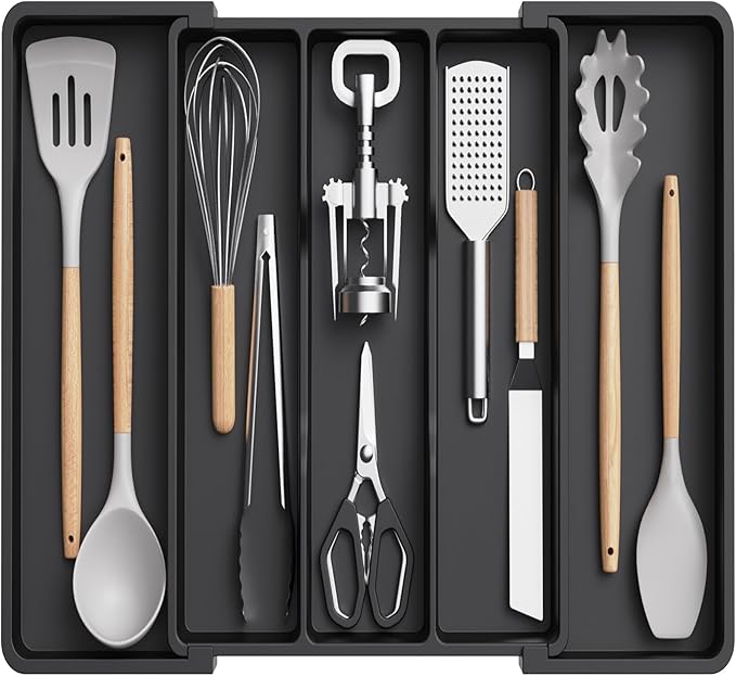 Lifewit Utensil Organizer, Expandable Kitchen Drawer Tray, Adjustable Cutlery and Cooking Utensil Holder, Black