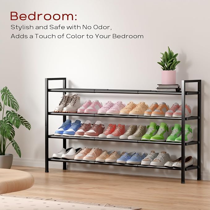 Bumusty 4 Tier Long Expandable Shoe Rack for Closet, Black | 18"-44" Adjustable Shoe Rack for Entryway, Shoe Organizer for Dorm, Front Door, Sturdy Metal