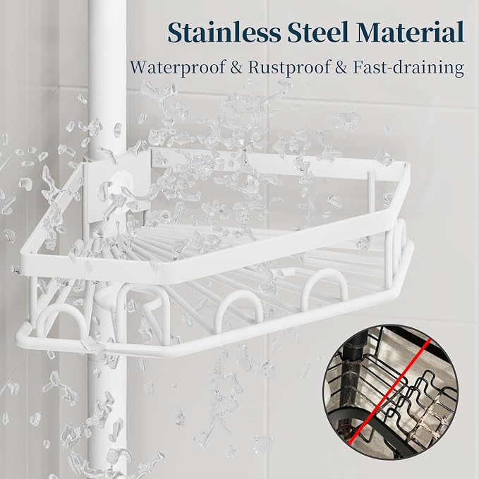 Consumest Shower Caddy Tension Pole - 4 Tier Corner Shower Shelves with Brush & Soap Holder, 304 Stainless Steel Rustproof Adjustable Organizer Rack for Bathtub, Bathroom, 27.6-108.3 Inch, White
