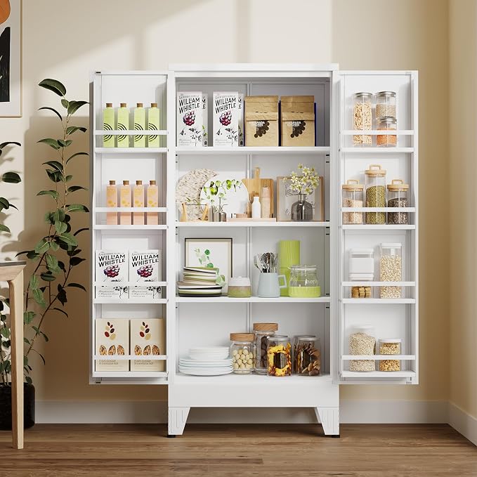 winiowa Metal Kitchen Pantry Storage Cabinet, Pantry Cabinet with Doors and Adjustable Shelves, Steel Storage Cabinet for Kitchen, Dining Room, Living Room-White