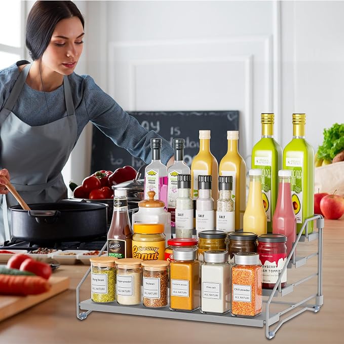2 Pack Spice Rack Organizer for Cabinet, Depth Adjustable 4 Tier Spice Rack | Silver, Metal Spice Organization for Cabinet, Easy Visibility, Tiered Spice Rack Perfect for Cabinet, Pantry and Countertop