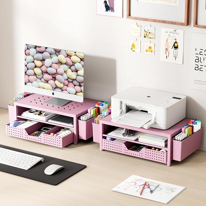 OPNICE Laptop Stand for Desk Organizer and Accessories, 2-Tier Computer Monitor Stand Riser with Drawer and 2 Pen Holders, Ventilated Perforated Steel Top, Office Desk Accessories for Home Office Supplies, Pink