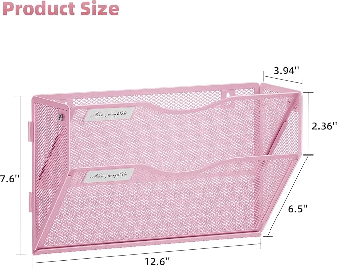 Marbrasse Wall File Holder 2-Tier Hanging Wall File Organizer, Mesh Mail Holder for Papers, Wall Mount File Clipboard & Magazine Organizer Great for Office Home (Pink)