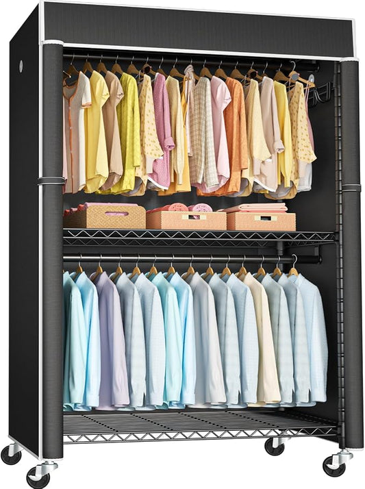 Black Clothing Rack with Black Cover, P1C Plus Rolling Closet | Metal Garment Rack with Wheels for Hanging Clothes, Portable Clothing Storage Wardrobe