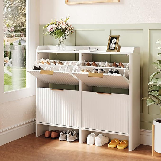 VINGLI 43.5" Large White Shoe Cabinet with 4 Flip Drawers, Slim Fluted Shoe Storage Cabinet with Unique Arched Side Panels, Modern Entryway Organizer with Gold Handles, Wide Shoe Rack for Hallway