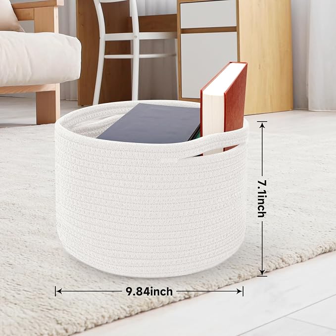3 Pack Small Rope Storage Baskets, 9.82×9.82×7.1", White | Cotton Basket for Gifts Empty, Cute Round Woven Basket, Decorative Shelf Basket Organizer, Organizing Basket for Shelves