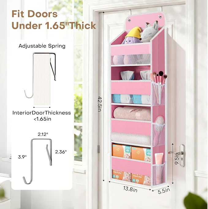 Over the Door Organizer, 4 Large Pocket Hanging Storage with 40lb Capacity | Space Saving Door Storage for Nursery, Bathroom, Bedroom and Closet, Baby Essentials and Toiletry Organizer, Pink