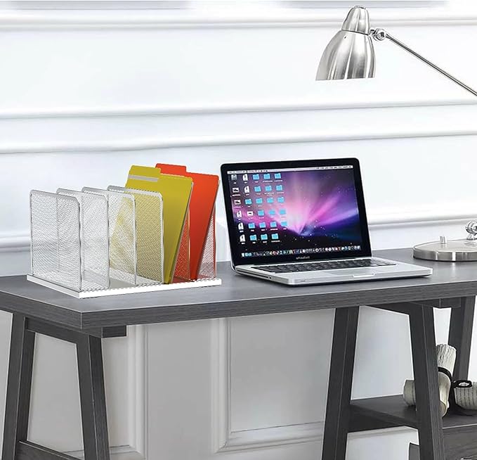 Kuntine.B Desk File Organizer Upright Mesh Desktop Organizer File Sorter Office Organization File Holder for Home, Office & Classroom (Silver, 1 Pack 5-Section) | Vertical, Mesh, Metal, Assembly, Stability, Sturdiness, Organization, Standing