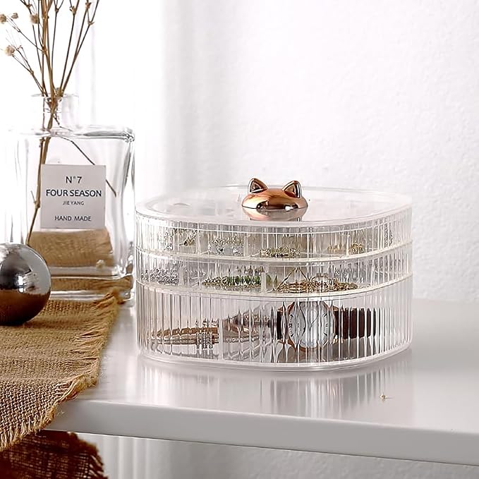 HALAFE Jewelry Box, 3-Layer Acrylic Jewelry Organizer with Cat Shape Handle, Clear Jewelry Boxes for Women Girls, Make up Organizer, Jewelry Storage Holder (Clear, Cat)