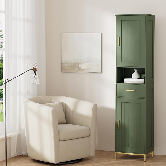 Homhedy 67" H Bathroom Storage Cabinet, Tall Bathroom Cabinet, Green | Narrow Cabinet with Doors and Drawer, Adjustable Shelves, Floor Cabinet for Bathroom, Living Room, Kitchen, Dining Room