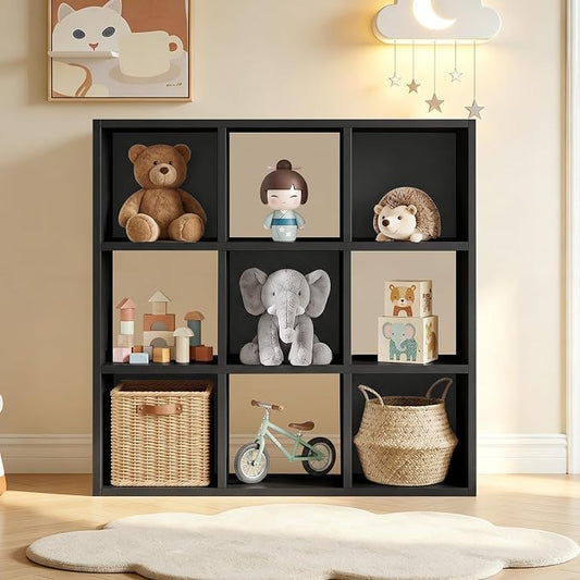 LUCKLIFE 9-Cube Storage Organizer, Stackable Modular Bookcase Shelf with Vertical or Horizontal Use, Fits 11×11" Bins, Optional Back Panels, for Living Room, Office, Black