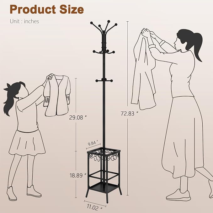 Hoctieon Coat Rack Freestanding, Coat Tree with Umbrella Holder, Metal Coat Rack Stand with 12 Hooks, Standing Coat Hanger Stand, Umbrella Stand for Entryway, Hat Rack Stand for Home Office, Black