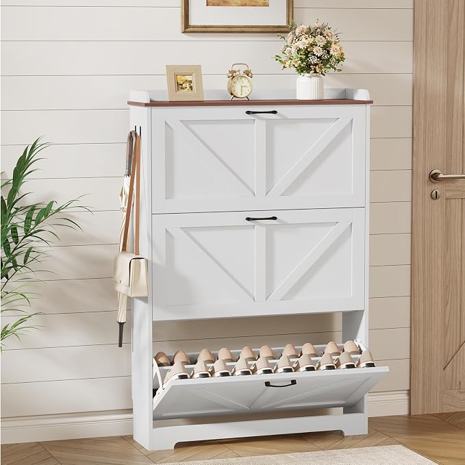 Farmhouse Shoe Cabinet Organizer with 3 Flip Drawers, 31.5" W White | Freestanding shoe cabinet with flip drawers ,space-saving storage for foyer hallway,Adjustable Shelves & 2 Hooks