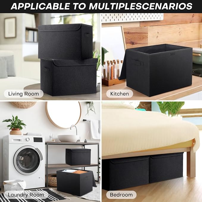 Bagnizer Large 42 Quarts Fabric Storage Bins with Lids [2-Pack] Linen Collapsible Foldable Storage Cubes, Closet Organizer Containers boxes with Handles for Home Office (16.7 x 12 x 12, Black)
