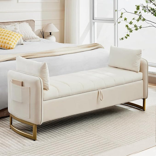 66" End of Bed Storage Bench King Size, Velvet Storage Benches for Bedroom Foot of Bed, Upholstered Storage Ottoman Bench with Golden Legs and Pillow for Living Room Window Entryway, Cream