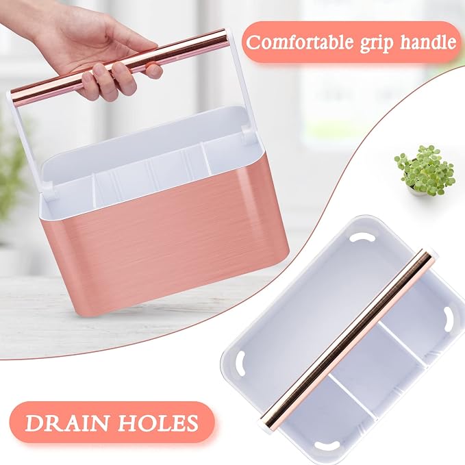BYUNER Compact Shower Caddy Dorm - Portable Bathroom Caddy Organizer with Handle and Adjustable Divider for College Dorm & Shared Bathroom, Hard Plastic Shower Basket Tote for Toiletry Drainage, Pink