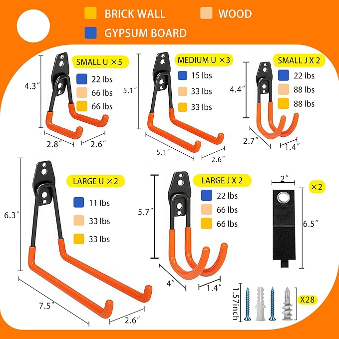 KOFANI Heavy Duty Steel Hooks-16PK Orange Wall Mount Garage Storage Hangers | Wall Hooks Geavy Duty for Hanging Bike, Ladder, Garden Tools,Broom,Hose，Anti-Slip Coating Garage Wall Organization