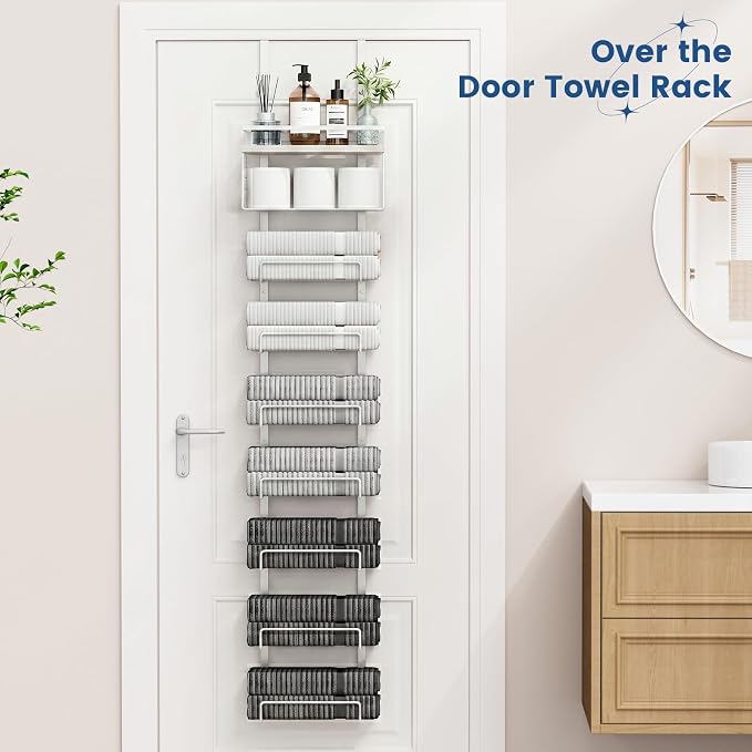Aetyord Towel Racks for Bathroom Over The Door Towel Racks Towel Storage Organizer with Metal Shelf Basket for Bathroom Rv Camper (9-Tier White)