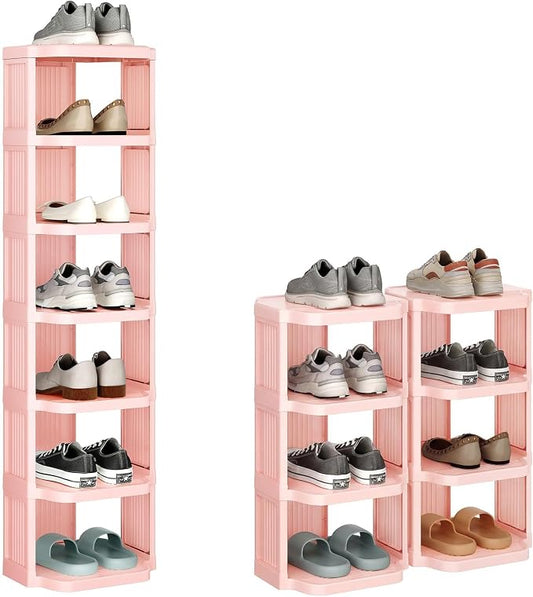 Kitstorack 8-Tier Vertical Plastic Shoe Rack, Freestanding Stackable Shoe Storage Organizer Cubes Shoe Shelf Tower or Small Closets and Tight Spaces, Pink