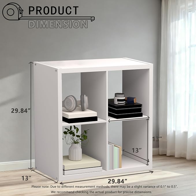 CTESNE【2026 Thick Border Wood】 Cube Storage Organizer Bookcase with Anti-Tipping Kits Open Back Shelf (White 4-cube-13in) | 2026 Thick Border Wood, Anti-Tipping Kits, Open Back Shelf