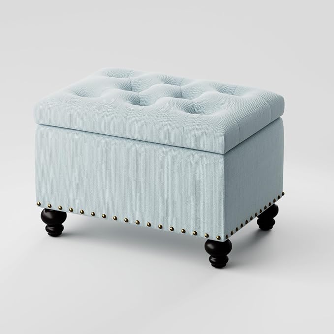 Zihanhome Small Ottoman with Storage, Upholstered Button Tufted Ottoman Foot Rest, Foot Stools, 24" Rectangle Bench with Storage for Living Room, Bedroom, Dorms and Apartments (Light Blue)