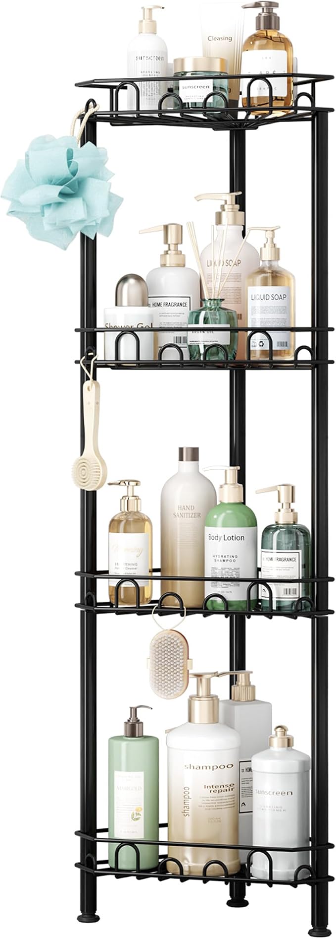 SWTYMIKI Standing Shower Caddy Corner - 4‑Tier Stainless Steel Shower Organizer Shelf with 16 Hooks and Adhesive Pads, Rustproof Corner Shelves Stand Rack for Bathroom Shower Room, Black