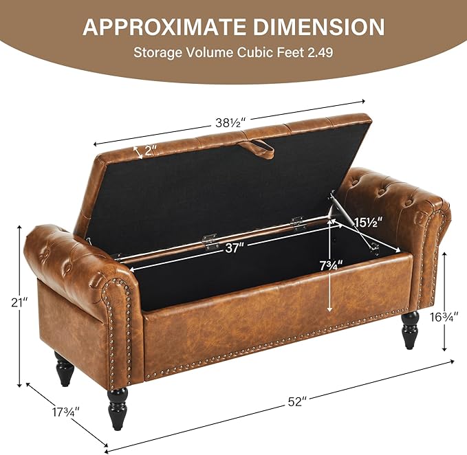 Furnimart Storage Bedroom Bench for End of Bed, Faux Leather Upholstered Storage Ottoman with Rolled Arms for Bedroom,Living Room, Entryway, 2.5Cubic Feet
