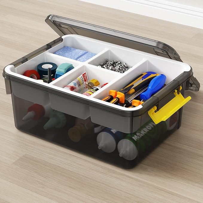 20Qt Stackable Storage Bins with Lids Trays Craft Box Organizers, 1Pack,GY | Clear Plastic Latching Boxes Organizers with Dividers Portable Containers for Arts & Crafts, Home Office Classroom Car Trunk