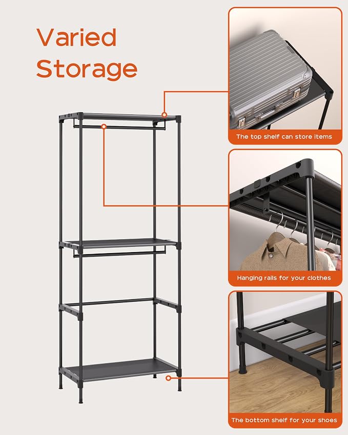 CASAMAYA Clothes Rack, Portable Closet, 27.6 Inch Wardrobe Closet, Clothes Storage Organizer with Shelves and 2 Hanging Rods, Easy to Assembly, Black PCT001B01