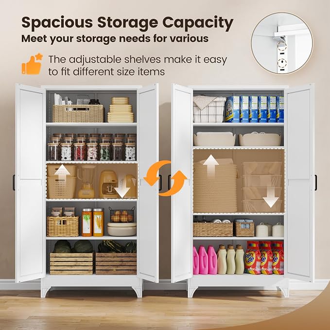 Yizosh Metal Storage Cabinet with Doors and 4 Adjustable Shelves - 75" White Kitchen Pantry Storage,4-Tier Tall Steel Cabinet Locker for Kitchen,Living Room,Dining Room