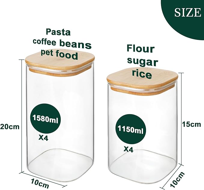 LIBWYS 8-Pack Glass Pantry Storage Jars with Bamboo Lids (1.22Qt/1.67Qt) | Stackable Square Food Containers for Pantry Organization, Coffee, Flour, Snacks, Tea, Sugar | Dry Food Kitchen Canisters Set