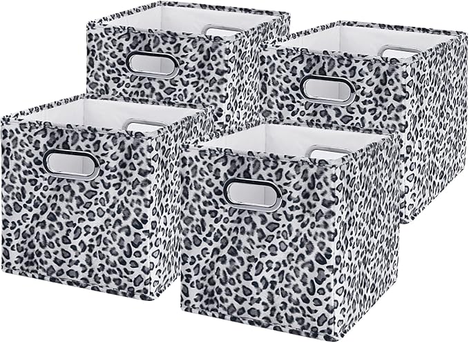 ANMINY Leopard Cheetah Print Storage Cubes Bins, Velvet, Gray, 11Inch 4PCS | Collapsible & Washable, PP Board Frame, Built-in Metal Handles, Animal Themed Fabric Cubes Baskets for Closet Shelves Decor