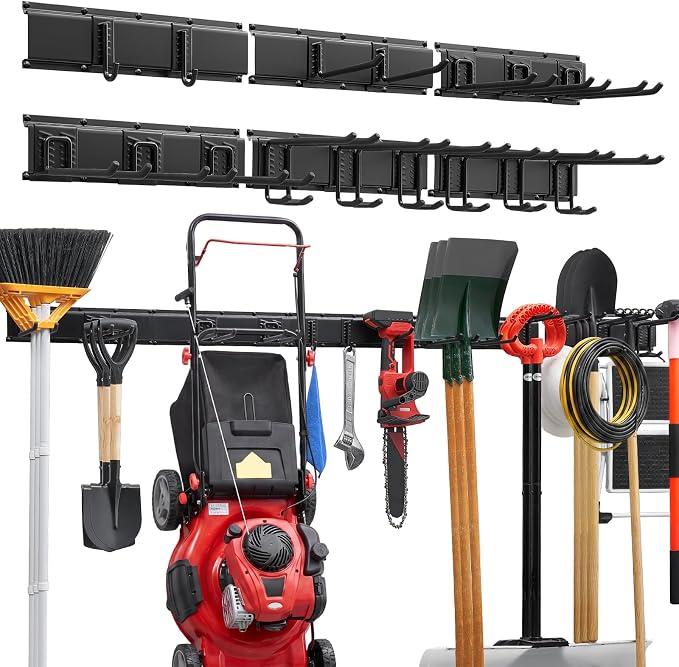 VEVOR Garage Tool Organizer 99 Inch 1200 lbs Wall Mount Garden Tool Rack, Heavy Duty Garage Hanging Storage Rack Organization with 6 Rails and 16 Adjustable Hooks, for Yard Tools, Shovel, Rake, Shed