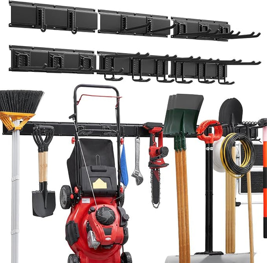 VEVOR Garage Tool Organizer 99 Inch 1200 lbs Wall Mount Garden Tool Rack, Heavy Duty Garage Hanging Storage Rack Organization with 6 Rails and 16 Adjustable Hooks, for Yard Tools, Shovel, Rake, Shed