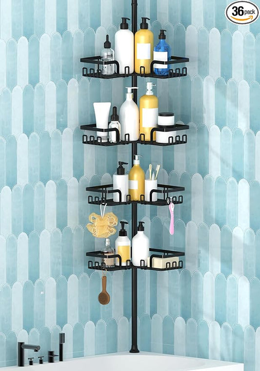 KEGII Shower Caddy Corner Tension Pole, Bathroom Organizer, 4-Tier Black | Rustproof Adjustable Rod with Floor to Ceiling Design, 25-114.2 inch Fit for Shampoo, Bath Essentials and Corner Storage