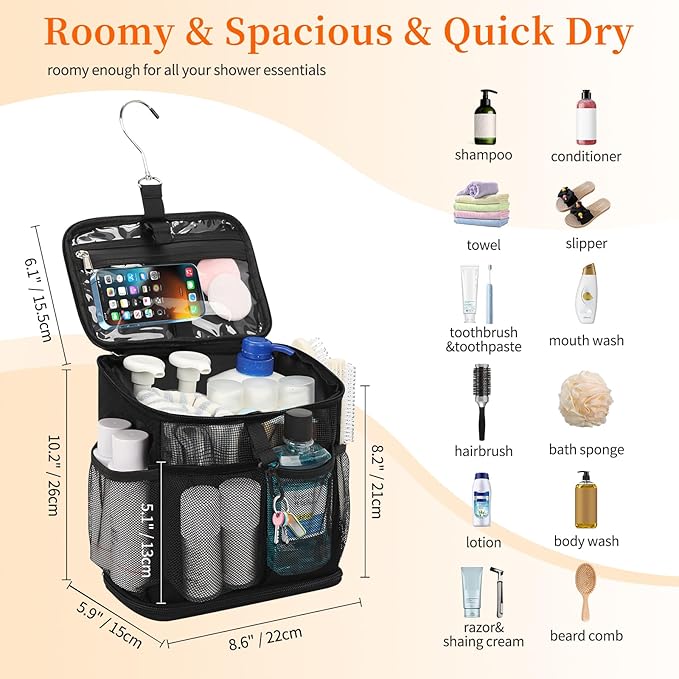 CUBETASTIC Shower Caddy Portable Mesh Shower Tote for Bathroom, Gym, Travel, Camping - Quick Dry Hanging Organizer Toiletry Bag with Handle for College Dorm Room, Men & Women