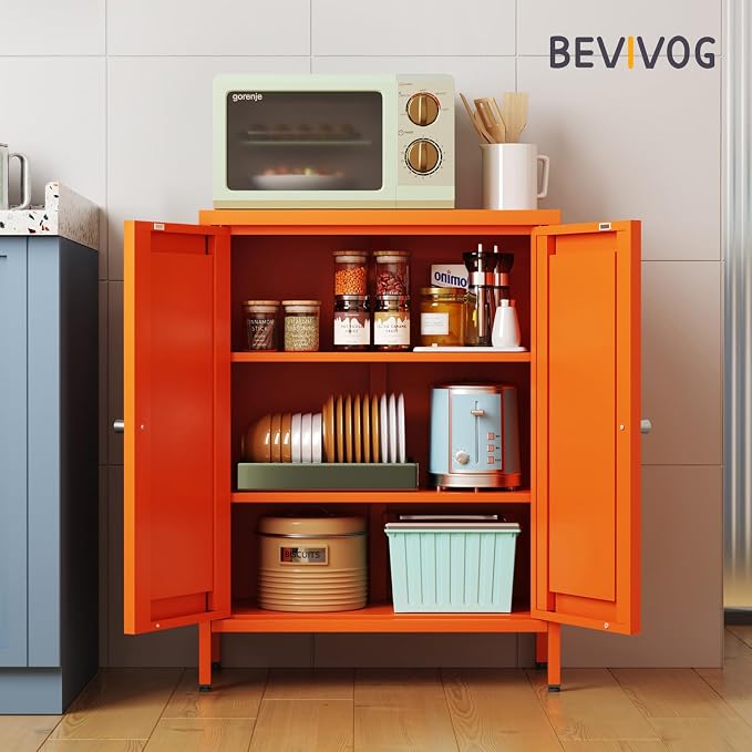 Bevivog Orange Metal Locker Cabinet with 2 Doors and 2 Adjustable Shelves, Small Accent Cabinet Bathroom Floor Storage Cabinets Short Sideboard for Entryway, Living Room, Hallway
