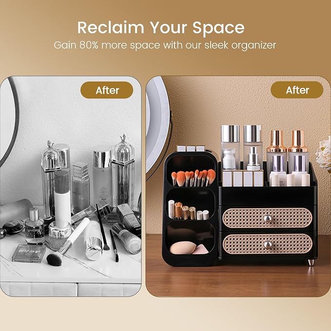 Aveniee Makeup Organizer with Drawers, Large Bathroom Countertop Organizer for Vanity, Desk Cosmetics Storage for Perfume Brushes Skincare Eyeshadow Lotions Lipstick-Black