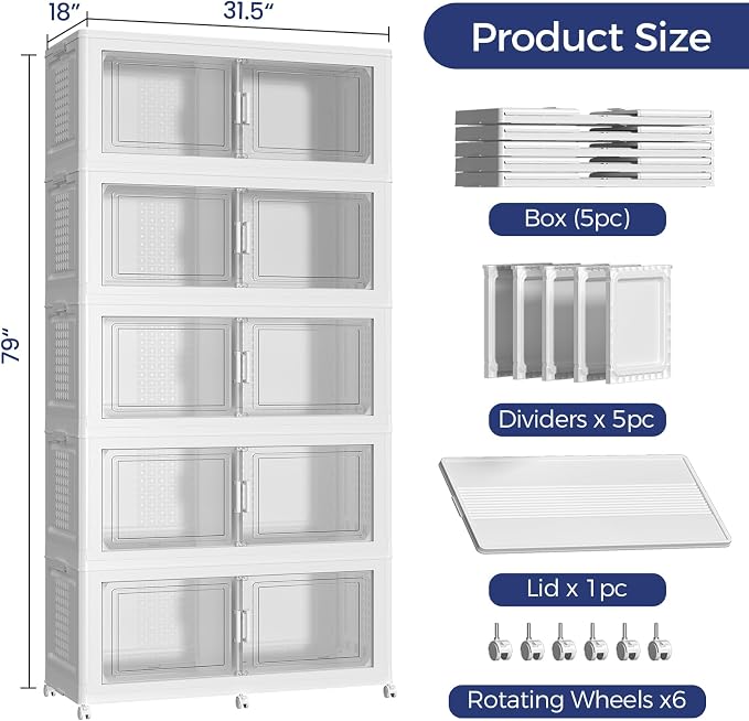 250GAL Extra Large Storage Bins with Lid, 1000Qt Stackable Closet Organizers and Drawers, Collapsible Storage Bins with Wheels, Folding Containers for Home, Kitchen Office, 5Pack White