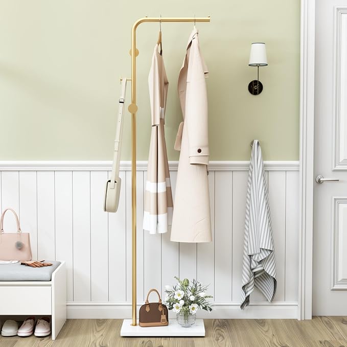 TIEOU Gold Coat Racks, Metal Coat Racks Freestanding with Crossbar and 3 Hooks, Modern Coat Hanger with Marble Base, L Shaped Coat Stand for Entryway, Bedroom, Living Room, Office